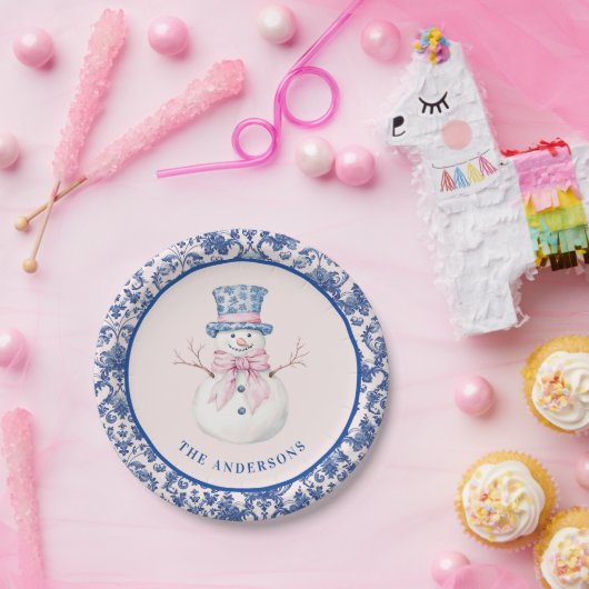 Pink & Blue Weihnachtsschneemann W/ Damask Border Pappteller (Party)