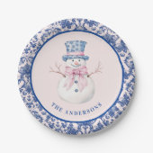 Pink & Blue Weihnachtsschneemann W/ Damask Border Pappteller (Vorderseite)