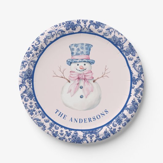 Pink & Blue Weihnachtsschneemann W/ Damask Border Pappteller (Vorderseite)