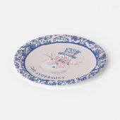 Pink & Blue Weihnachtsschneemann W/ Damask Border Pappteller (Schrägansicht)