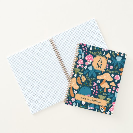 Pink Blue Whimsical Mushroom Pattern Monogram Notizblock (Innenseite)