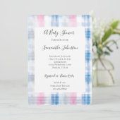 Pink Blue White Plaid Stripes Baby Shower Einladung (Stehend Vorderseite)