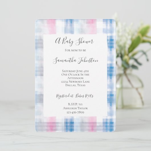 Pink Blue White Plaid Stripes Baby Shower Einladung (Stehend Vorderseite)