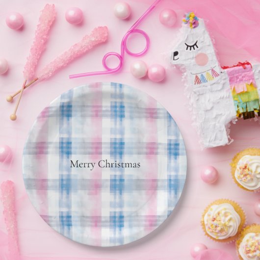 Pink Blue White Plaid Stripes Christmas Pappteller (Party)