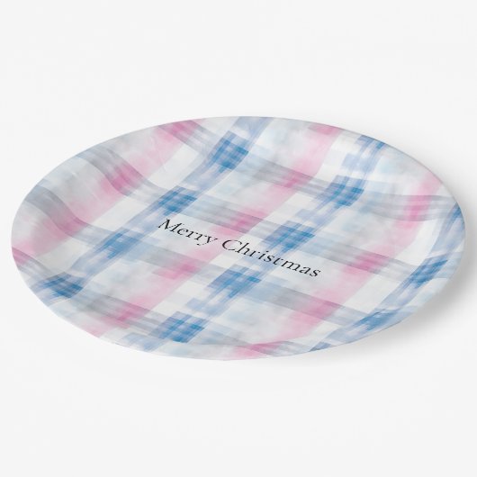 Pink Blue White Plaid Stripes Christmas Pappteller (Schrägansicht)