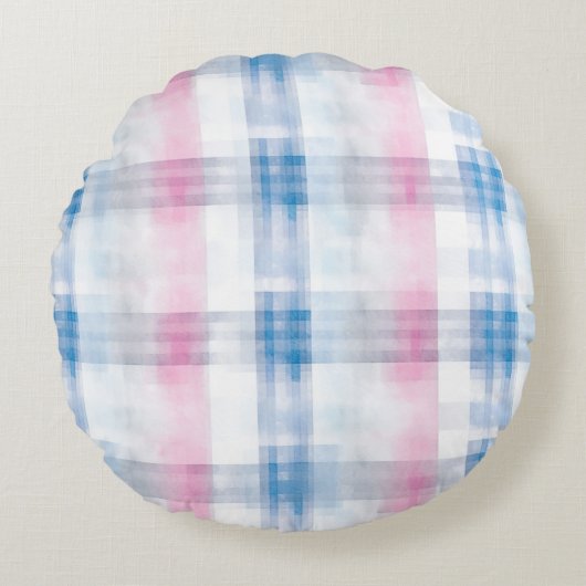 Pink Blue White Plaid Stripes Rundes Kissen (Vorderseite)