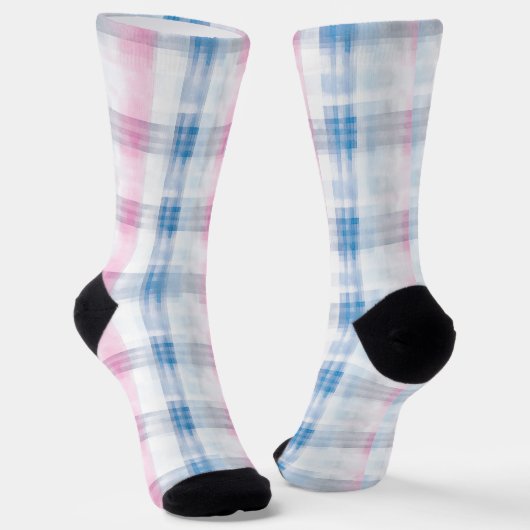 Pink Blue White Plaid Stripes Socken (Gewinkelt)