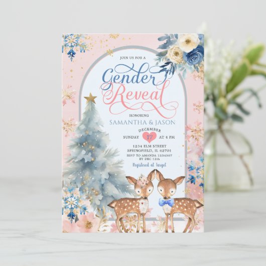 Pink Blue Winter Deer Weihnachtsgeschlecht Einladung (Stehend Vorderseite)