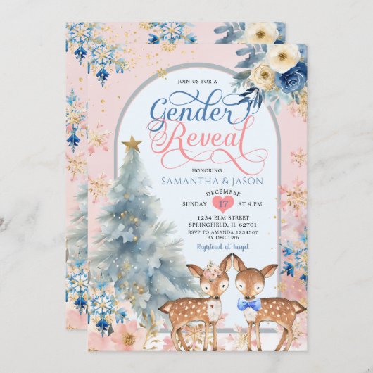 Pink Blue Winter Deer Weihnachtsgeschlecht Einladung (Vorne/Hinten)