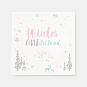 Pink & Blue Winter Onederland Girl 1. Geburtstag Serviette