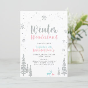 Pink & Blue Winter Wonderland Kindergeburtstag Einladung