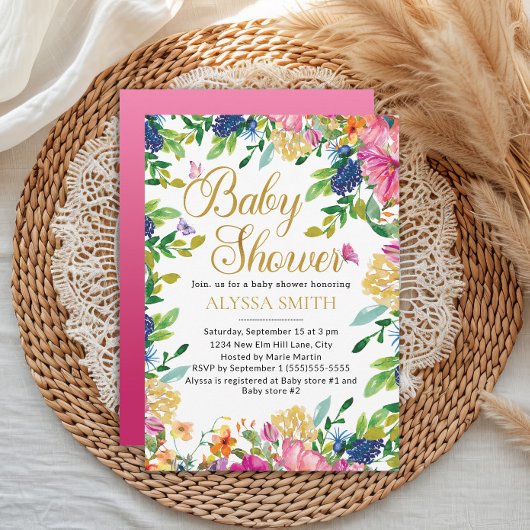 Pink Blue Yellow Floral Butterflies Baby Shower Einladung