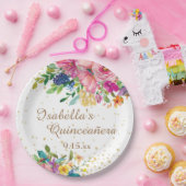 Pink Blue Yellow Floral Quinceañera Geburtstag Pappteller (Party)