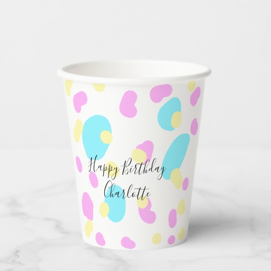 Pink blue yellowhappy birthday kids shapes abstrac pappbecher (Vorderseite)
