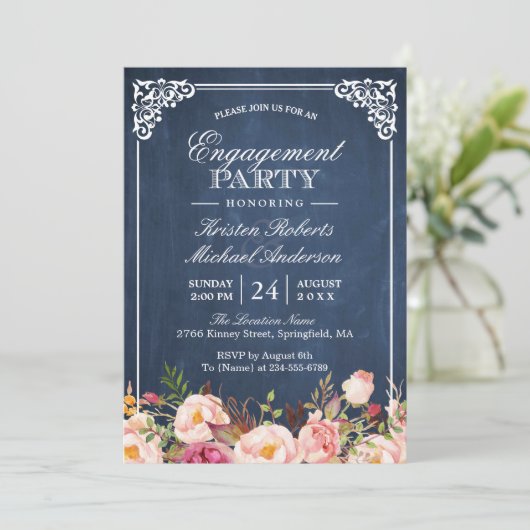 Pink Blues Chalkboard der Engagement Party Einladung (Stehend Vorderseite)