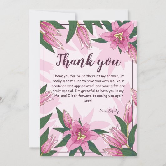 Pink blühende Lilies Babydusche/ Geburtstag Dankeskarte (Vorderseite)