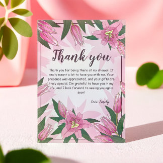 Pink blühende Lilies Babydusche/ Geburtstag Dankeskarte