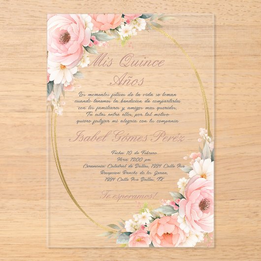 Pink-Blume-Acryl-Quinceanera-Einladung Acryleinladungen (Vorderseite)