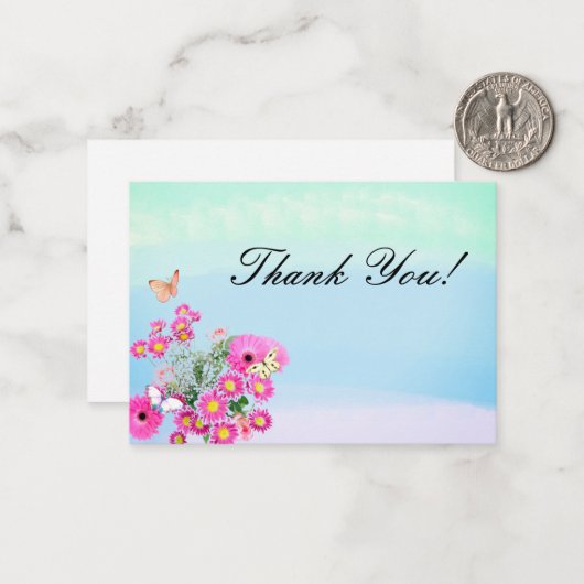 Pink Blume Bouquet und Schmetterlinge Vielen Dank Mitteilungskarte (Vorderseite/Rückseite Beispiel)