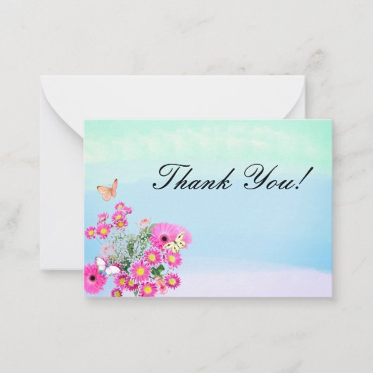 Pink Blume Bouquet und Schmetterlinge Vielen Dank Mitteilungskarte (Vorderseite)
