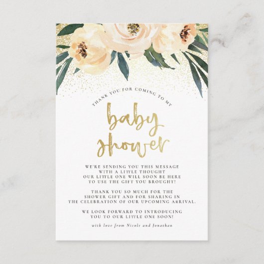 Pink Blume & Brushed Gold Baby Dusche Vielen Dank Dankeskarte (Vorderseite)