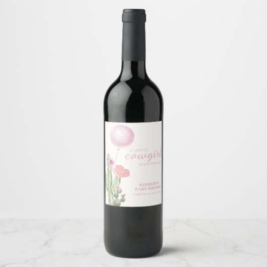 Pink Blume Cactus Balloon Cowgirl Babydusche Weinetikett (Vorderseite)
