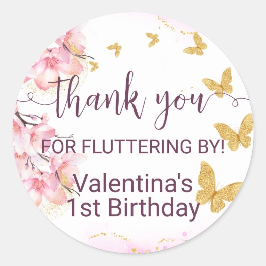 Pink Blume Gold Schmetterlinge Script Danke Runder Aufkleber (Vorderseite)