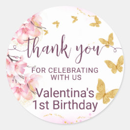 Pink Blume Gold Schmetterlinge Script Danke Runder Aufkleber