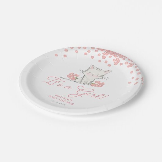 Pink Blume Kitten Girl Babydusche Pappteller (Schrägansicht)