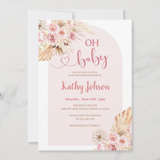 Pink Blume Pampas Grass Boho Oh Babydusche Einladung (Vorderseite)