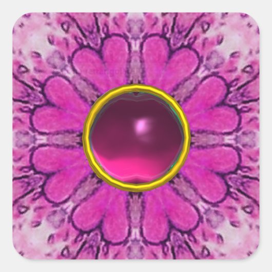 PINK BLUME PETALS, BLUMENHERZEN UND RUBY GEMSTONE QUADRATISCHER AUFKLEBER (Vorderseite)