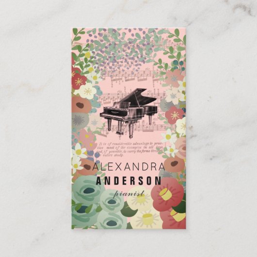 Pink Blume Pianist Music Teacher Business Card Visitenkarte (Vorderseite)