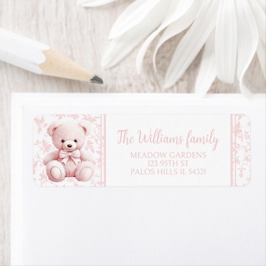 PInk Blumenmuster Teddy Bär Rücksendeadresse (Insitu)