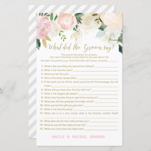 Pink Blush and Gold Brautparty Game DRUCKT (Vorne/Hinten)