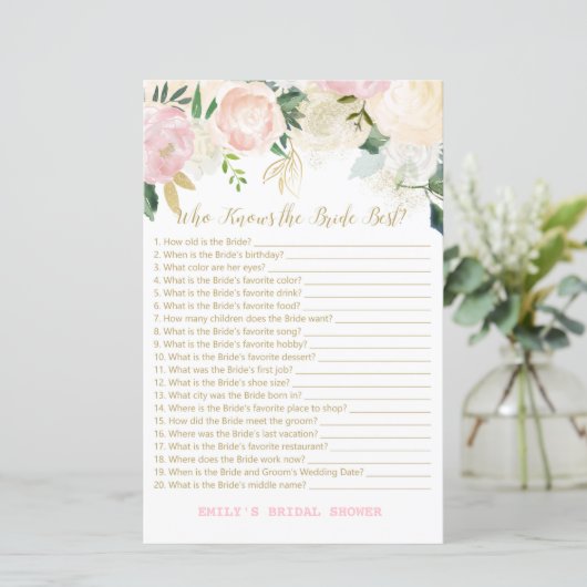 Pink Blush and Gold Brautparty Game DRUCKT (Stehend Vorderseite)