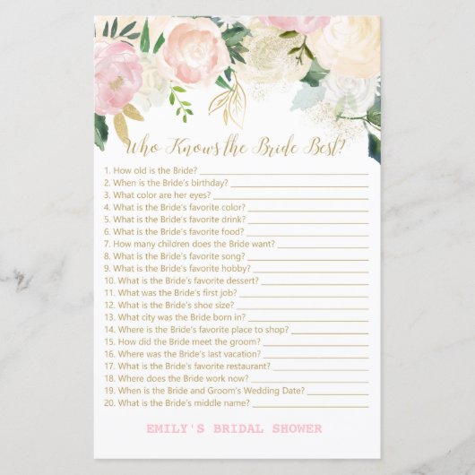 Pink Blush and Gold Brautparty Game DRUCKT (Vorderseite)