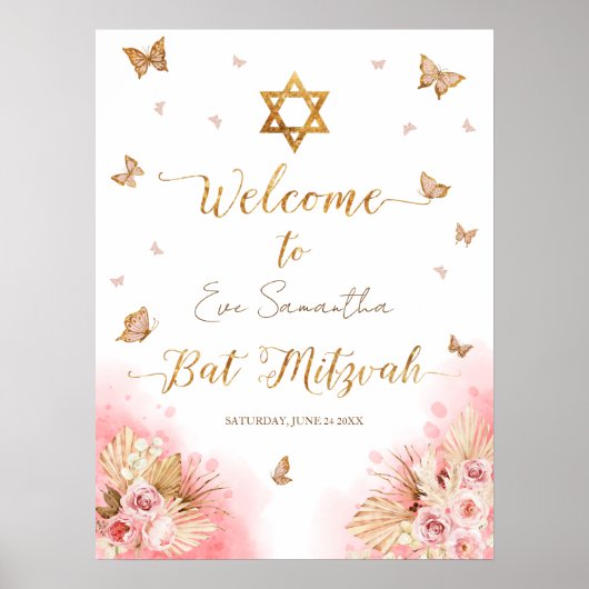Pink Blush Bat Mitzvah Begrüßung Schildschaumplatt Poster (Vorne)