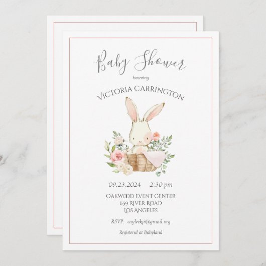 Pink Blush Bloral Bunny Rabbit Babydusche Einladung (Vorne/Hinten)