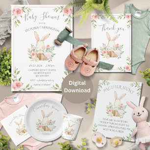 Pink Blush Bloral Bunny Rabbit Babydusche Einladung