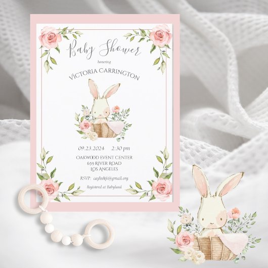 Pink Blush Bloral Bunny Rabbit Babydusche Postkarte