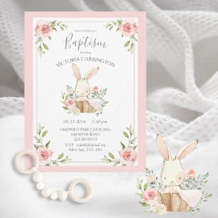 Pink Blush Bloral Bunny Rabbit Taufe Einladung