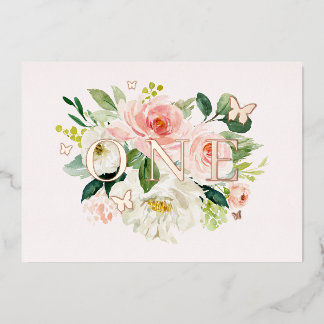 Pink Blush Bloral Butterfly Girl 1. Geburtstag Folieneinladung