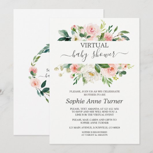 Pink Blush Blume Virtual Baby Dusche per Mail Einladung (Vorne/Hinten)