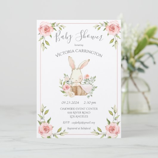 Pink Blush Blumenkolumn Papier Bunny Baby Dusche Einladung (Stehend Vorderseite)