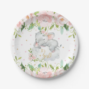 Pink Blush Blumenschläfer Elefant Babydusche Pappteller