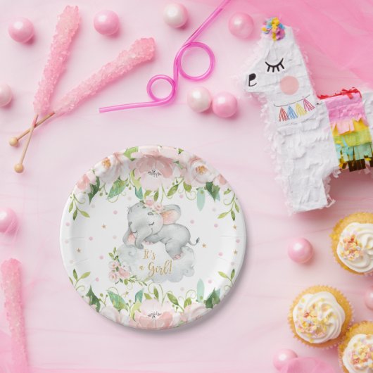 Pink Blush Blumenschläfer Elephant Babydusche Pappteller (Party)