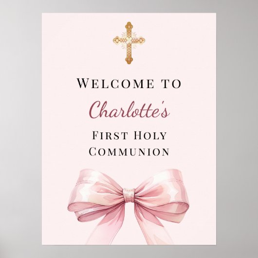 Pink blush bow First Holy Communion welcome Poster (Vorne)