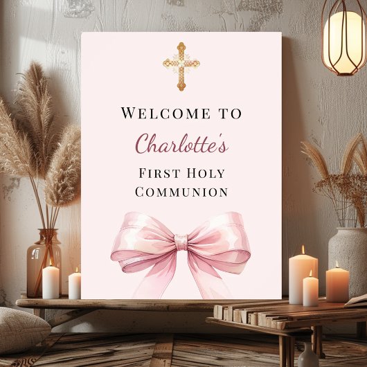 Pink blush bow First Holy Communion welcome Poster