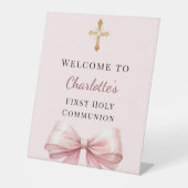 Pink blush bow First Holy Communion welcome Sockelschild (Vorderseite)