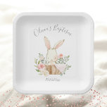 Pink Blush Bunny Rabbit Girl Baby Taufe Pappteller<br><div class="desc">Elegante und süße Aquarelltaufe mit sanften pastellfarbenen Blume und dem süßesten sonnigen Kaninchen der Welt. Personalisiert mit Namen und Datum machen das extra für den großen Tag des Babys. Matching-Produkte verfügbar. 100% Kundenzufriedenheit mit "Zazzle"</div>